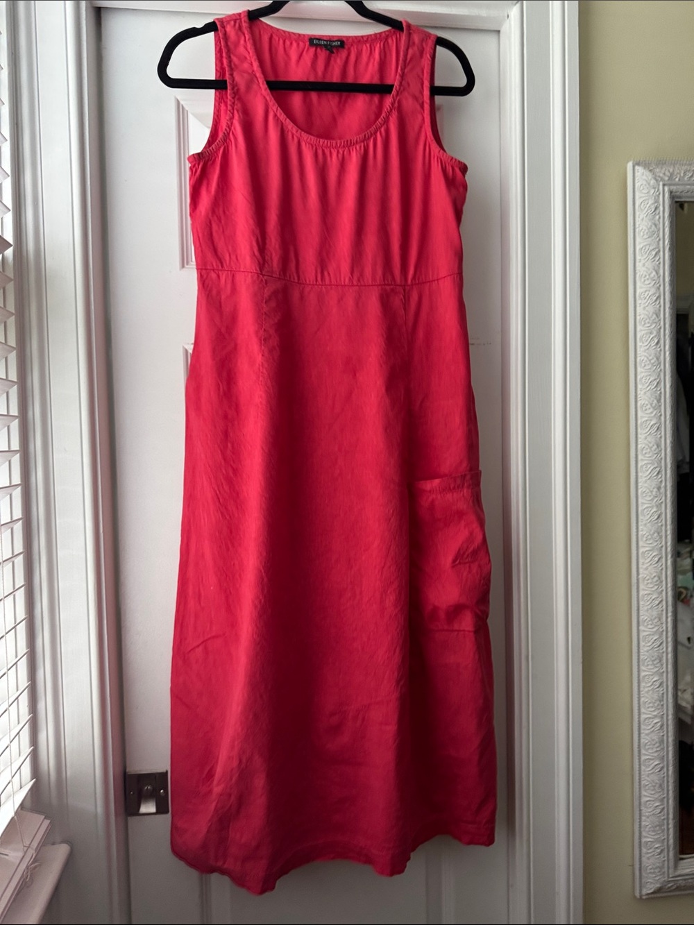 Bold, fun Eileen Fisher sleeveless maxi dress, poppy red, large side pocket, xs